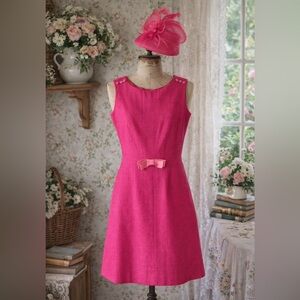Vintage 1960s Betty Barclay Wool Bright Pink Dress With Bow
